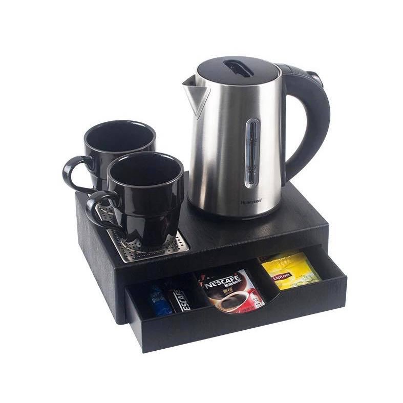 Bộ Âm đun nước khách sạn 5* mầu bạc sang trọng, năng động, bàn trà, cốc sứ pha trà.