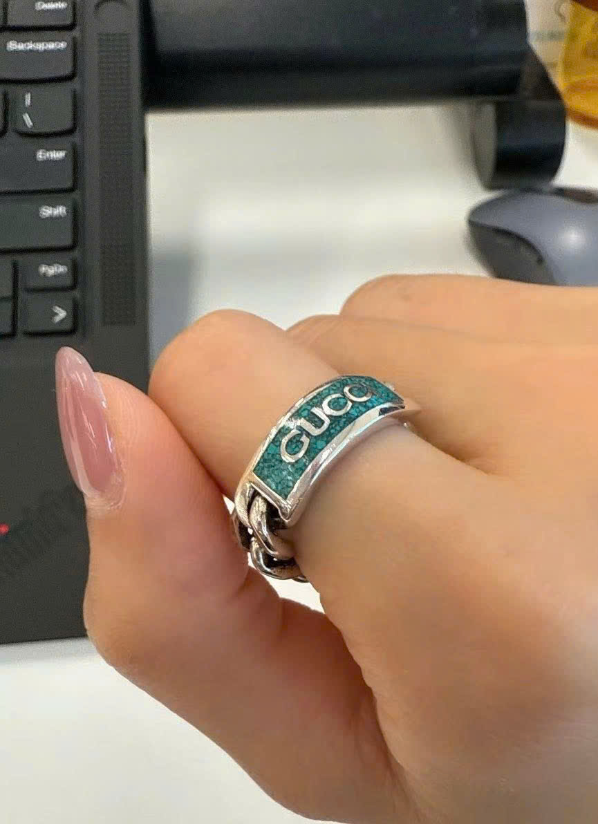 Gucci .925 Silver Chain Link Ring Turquoise