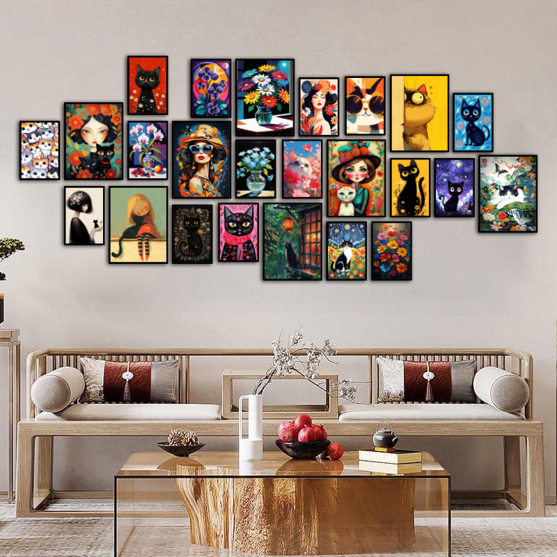 Tranh Dán Tường Set 24 Bức Decor Mèo Nghệ Thuật Tranh Nhựa Formex 5mm Dán Tường Mặt Gương