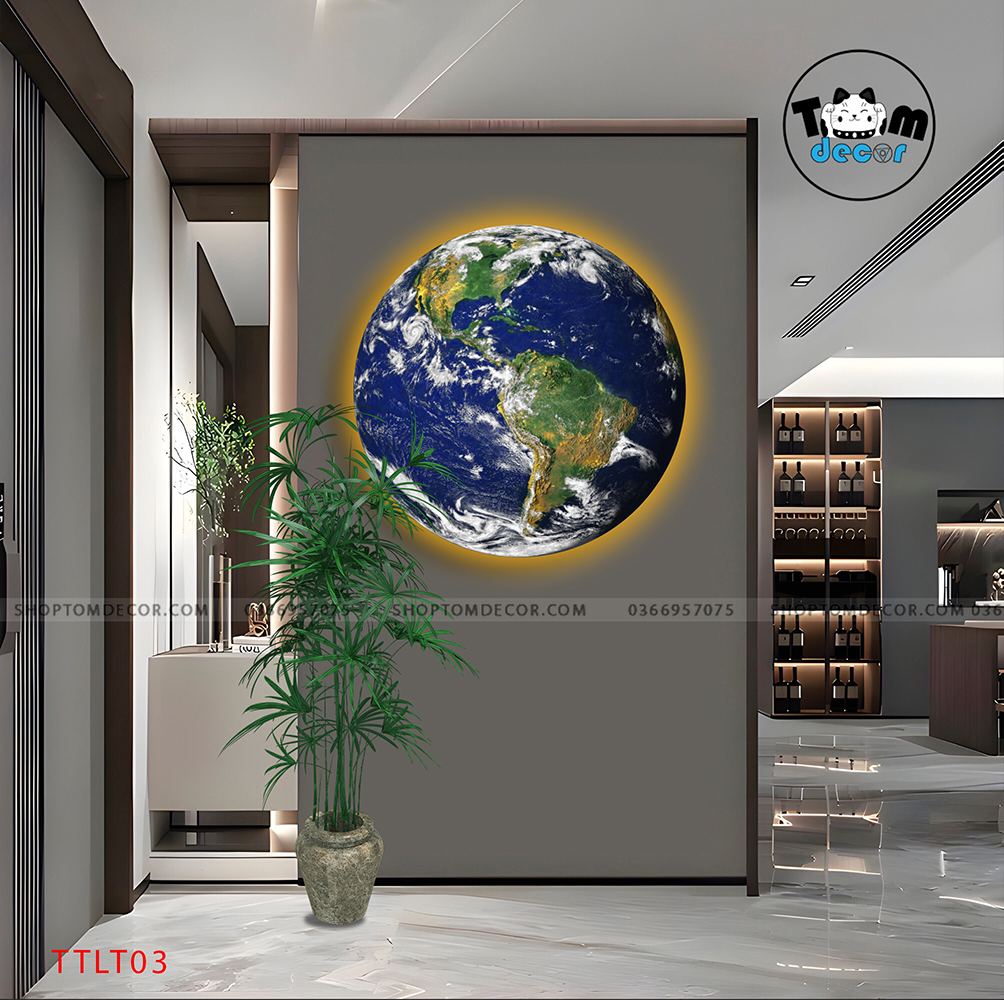 Tranh Led Hắt Tráng Gương Mặt Trăng - Trái Đất Có Remot Điều Khiển Đế MDF - Led Hắt Vàng Nắng