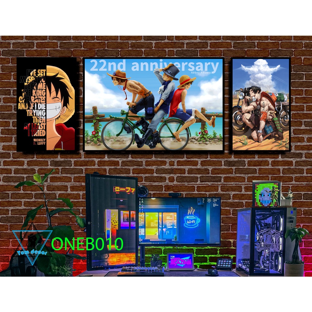 Bộ 3 tranh tráng gương cao cấp one piece zoro luffy law- tặng kèm đinh 3 chân treo tranh