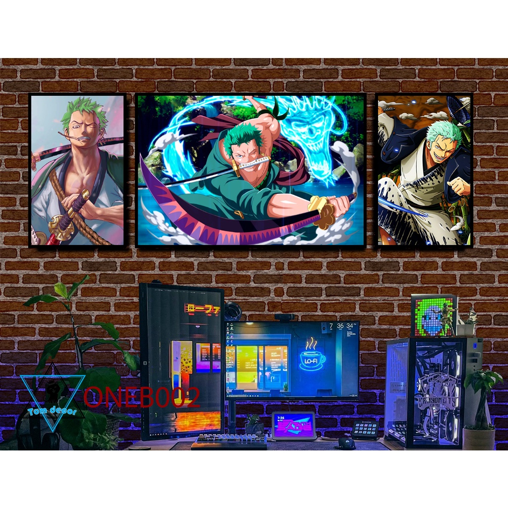 Bộ 3 tranh tráng gương cao cấp one piece zoro luffy law- tặng kèm đinh 3 chân treo tranh