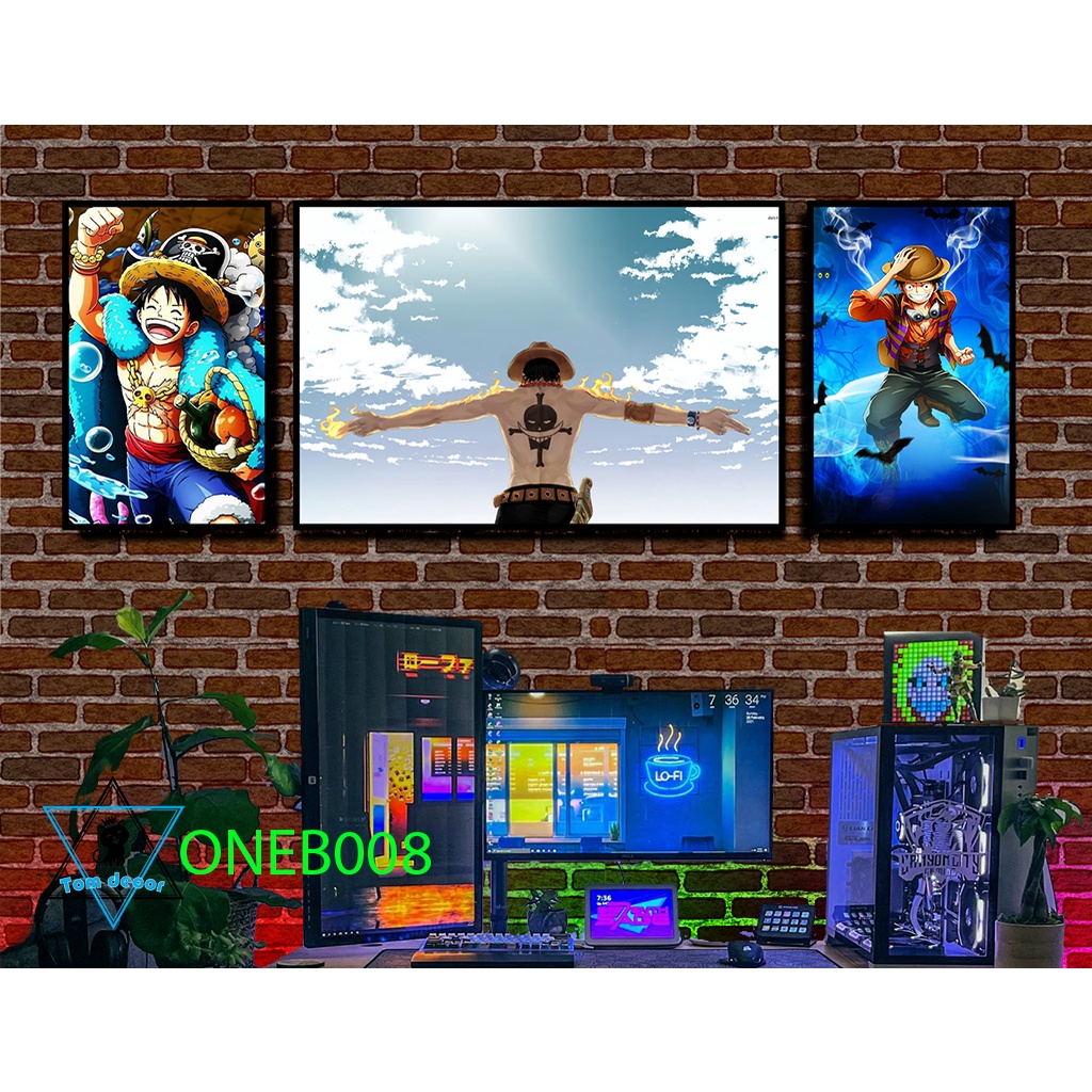Bộ 3 tranh tráng gương cao cấp one piece zoro luffy law- tặng kèm đinh 3 chân treo tranh