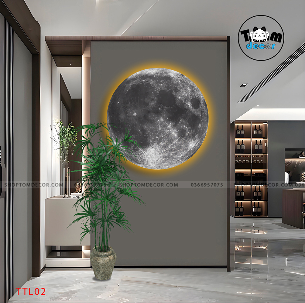 Tranh Led Hắt Tráng Gương Mặt Trăng - Trái Đất Có Remot Điều Khiển Đế MDF - Led Hắt Vàng Nắng