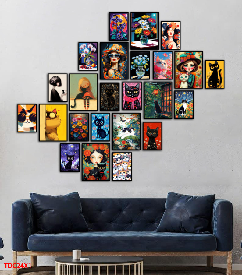 Tranh Dán Tường Set 24 Bức Decor Mèo Nghệ Thuật Tranh Nhựa Formex 5mm Dán Tường Mặt Gương