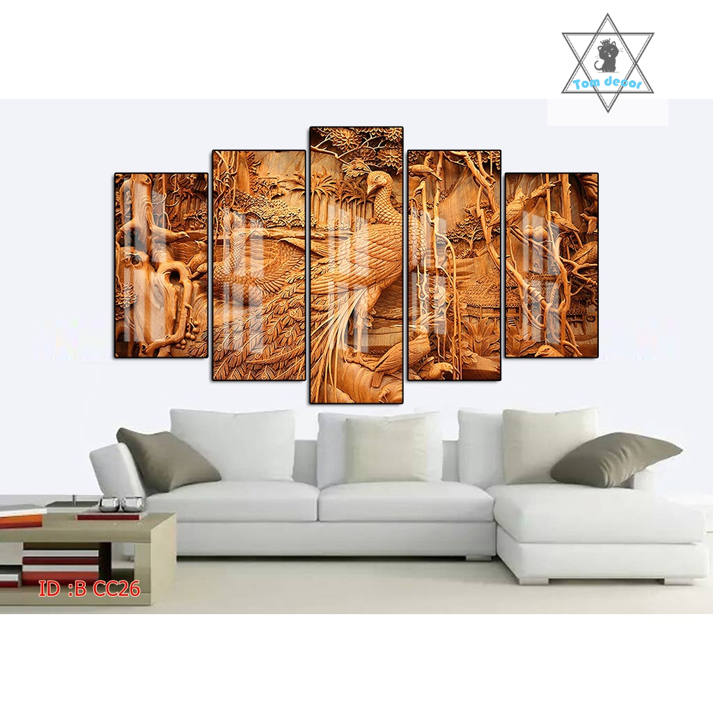 Tranh gỗ tráng gương khung bo góc cao cấp chim công size lớn