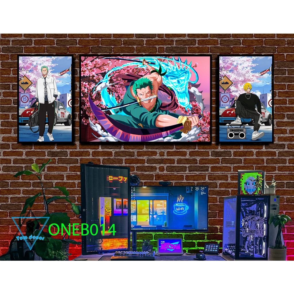 Bộ 3 tranh tráng gương cao cấp one piece zoro luffy law- tặng kèm đinh 3 chân treo tranh