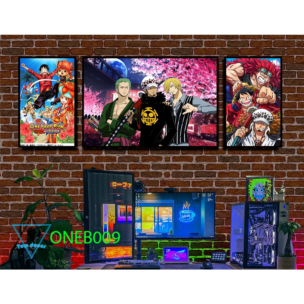 Bộ 3 tranh tráng gương cao cấp one piece zoro luffy law- tặng kèm đinh 3 chân treo tranh