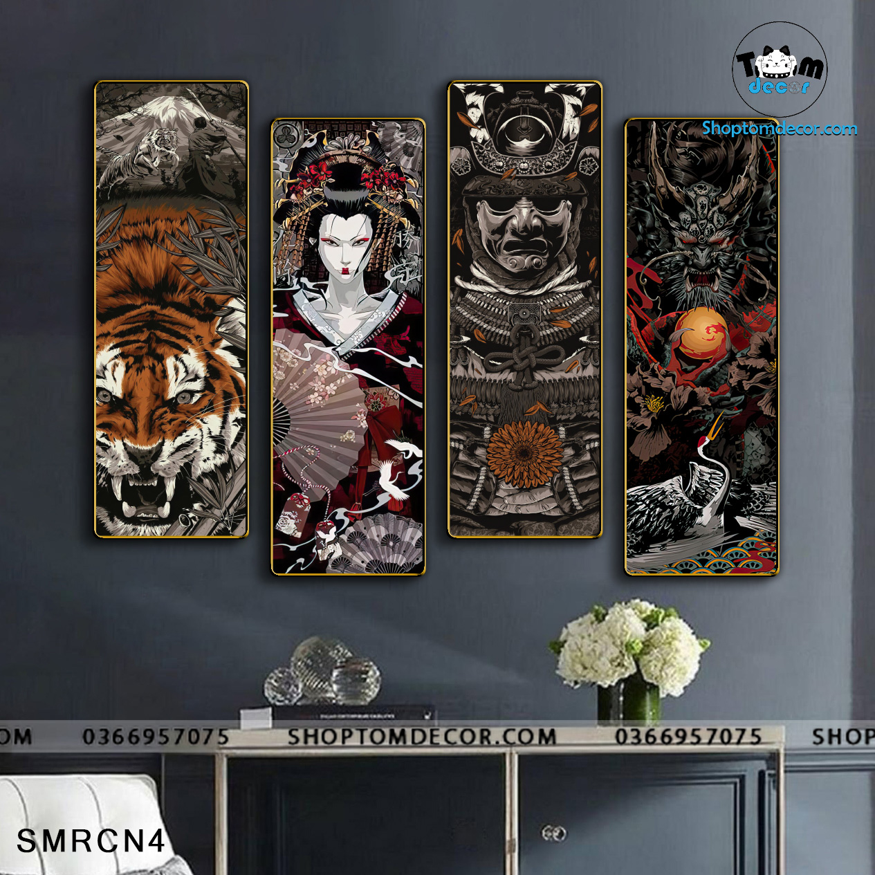 Bộ 4 Tranh Tráng Gương Sammurai Nhật Bản Decor Tiệm Tato Nhà Hàng Tiệm Cổ - SMRCN4