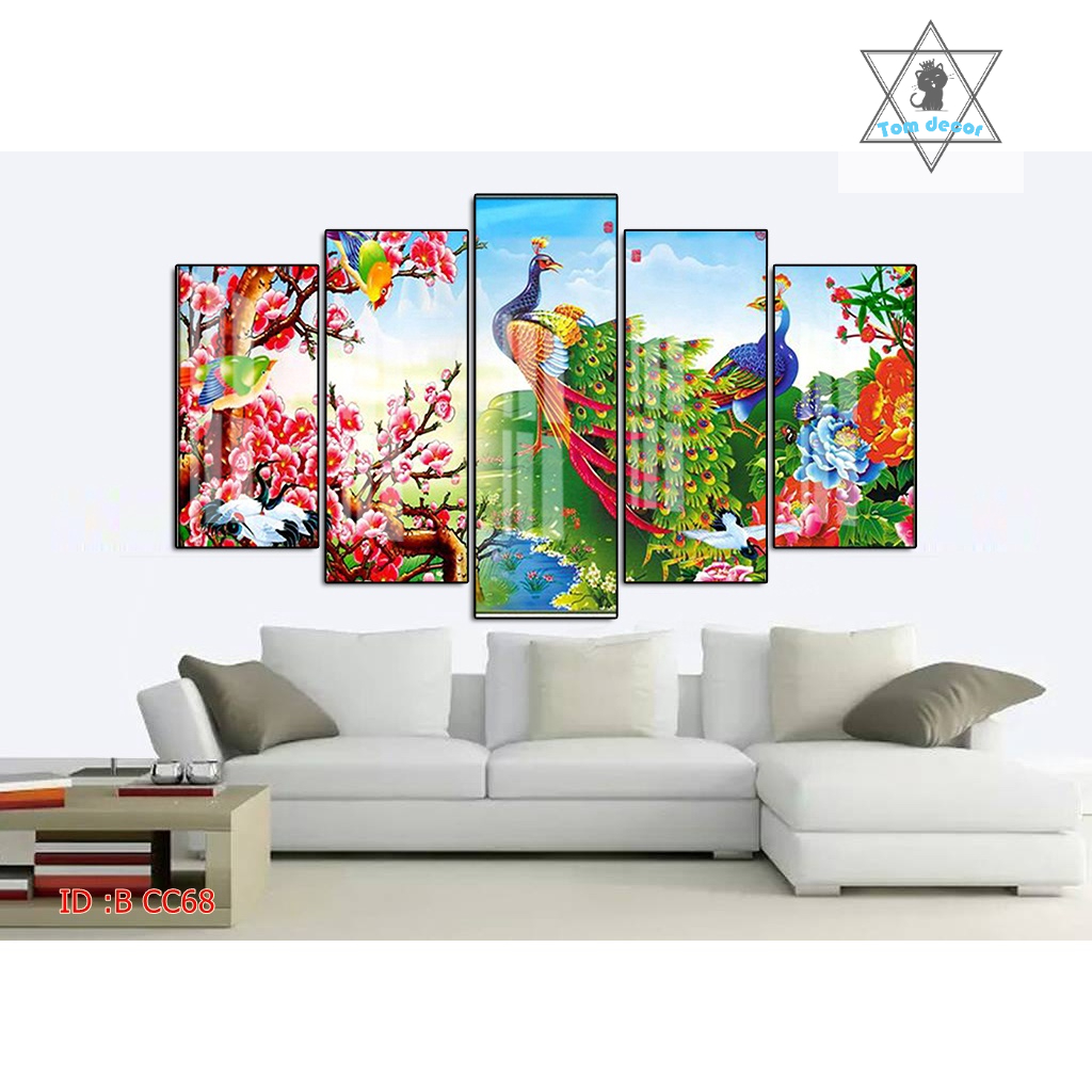 Tranh gỗ tráng gương khung bo góc cao cấp chim công size lớn