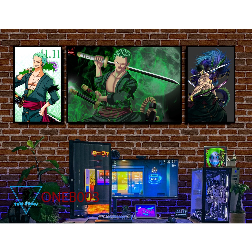 Bộ 3 tranh tráng gương cao cấp one piece zoro luffy law- tặng kèm đinh 3 chân treo tranh