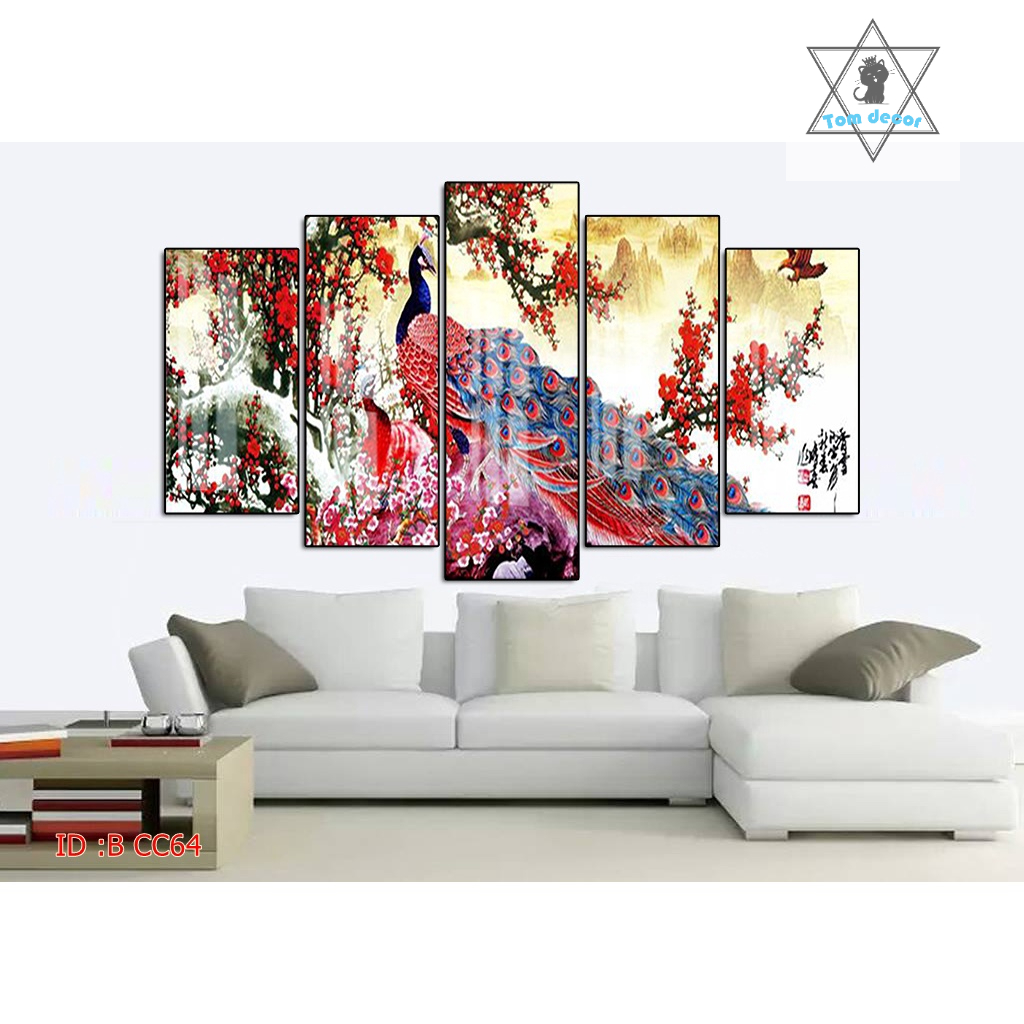 Tranh gỗ tráng gương khung bo góc cao cấp chim công size lớn