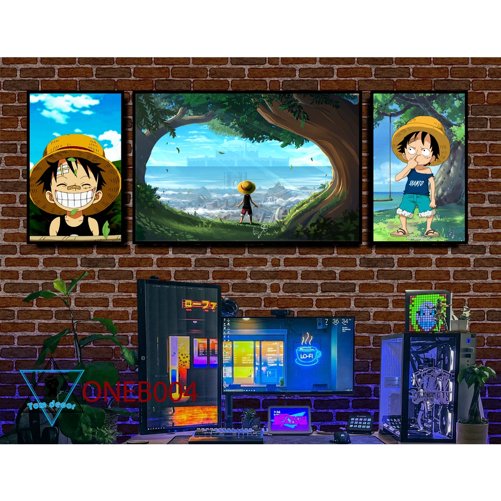 Bộ 3 tranh tráng gương cao cấp one piece zoro luffy law- tặng kèm đinh 3 chân treo tranh