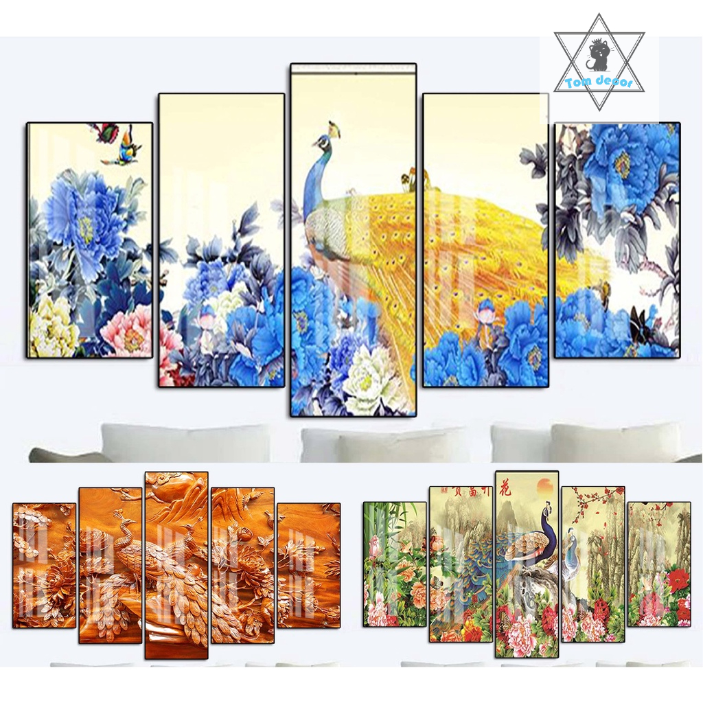 Tranh gỗ tráng gương khung bo góc cao cấp chim công size lớn