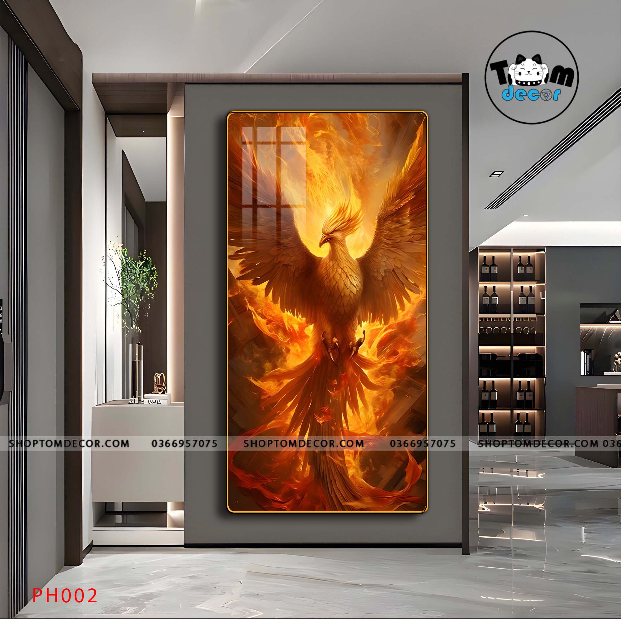 Tranh Tráng Gương Phượng Hoàng Rực Lửa - Tranh Phong Thuỷ Cao Cấp Treo Tường