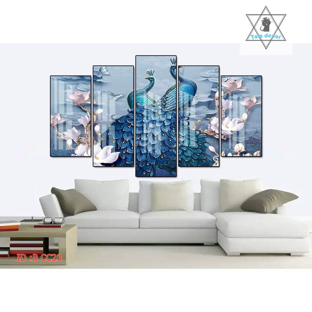 Tranh gỗ tráng gương khung bo góc cao cấp chim công size lớn