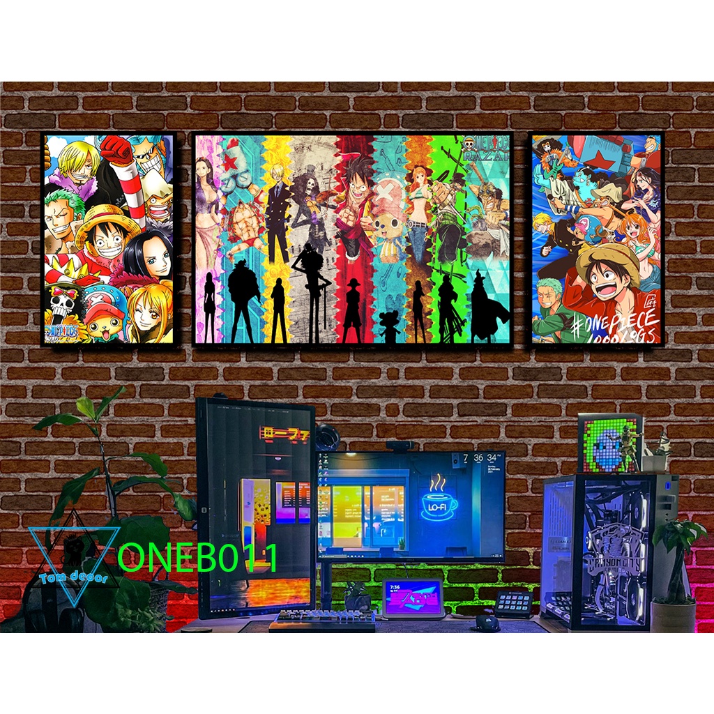 Bộ 3 tranh tráng gương cao cấp one piece zoro luffy law- tặng kèm đinh 3 chân treo tranh