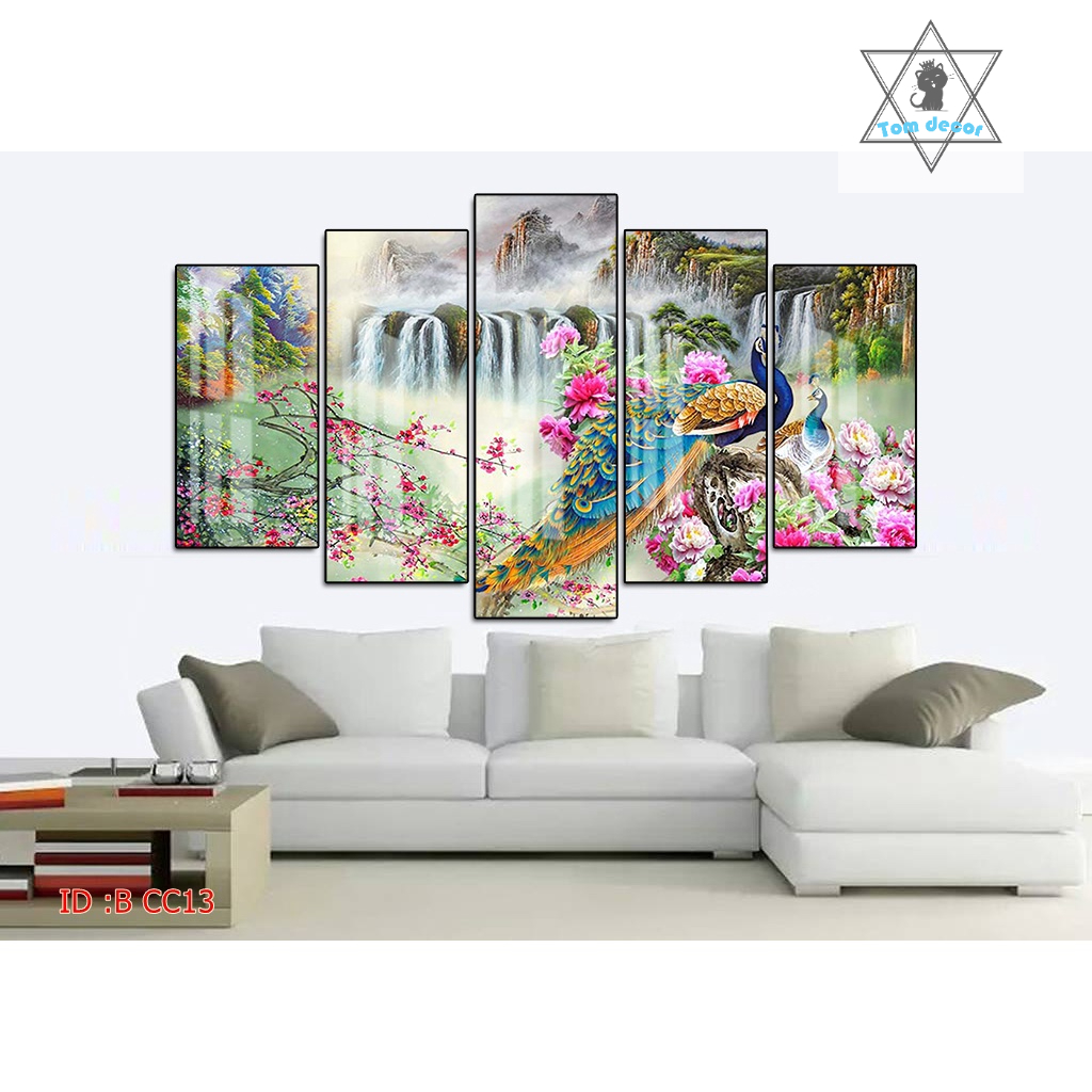 Tranh gỗ tráng gương khung bo góc cao cấp chim công size lớn