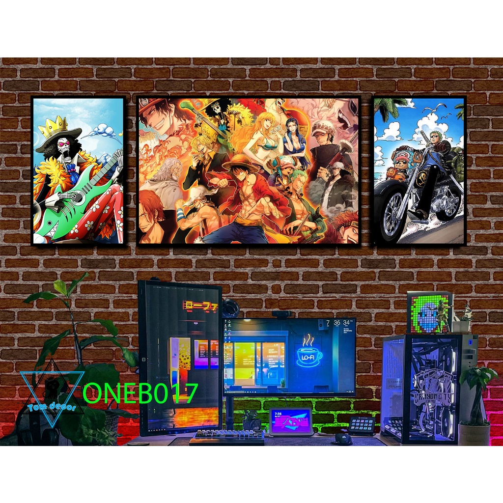 Bộ 3 tranh tráng gương cao cấp one piece zoro luffy law- tặng kèm đinh 3 chân treo tranh