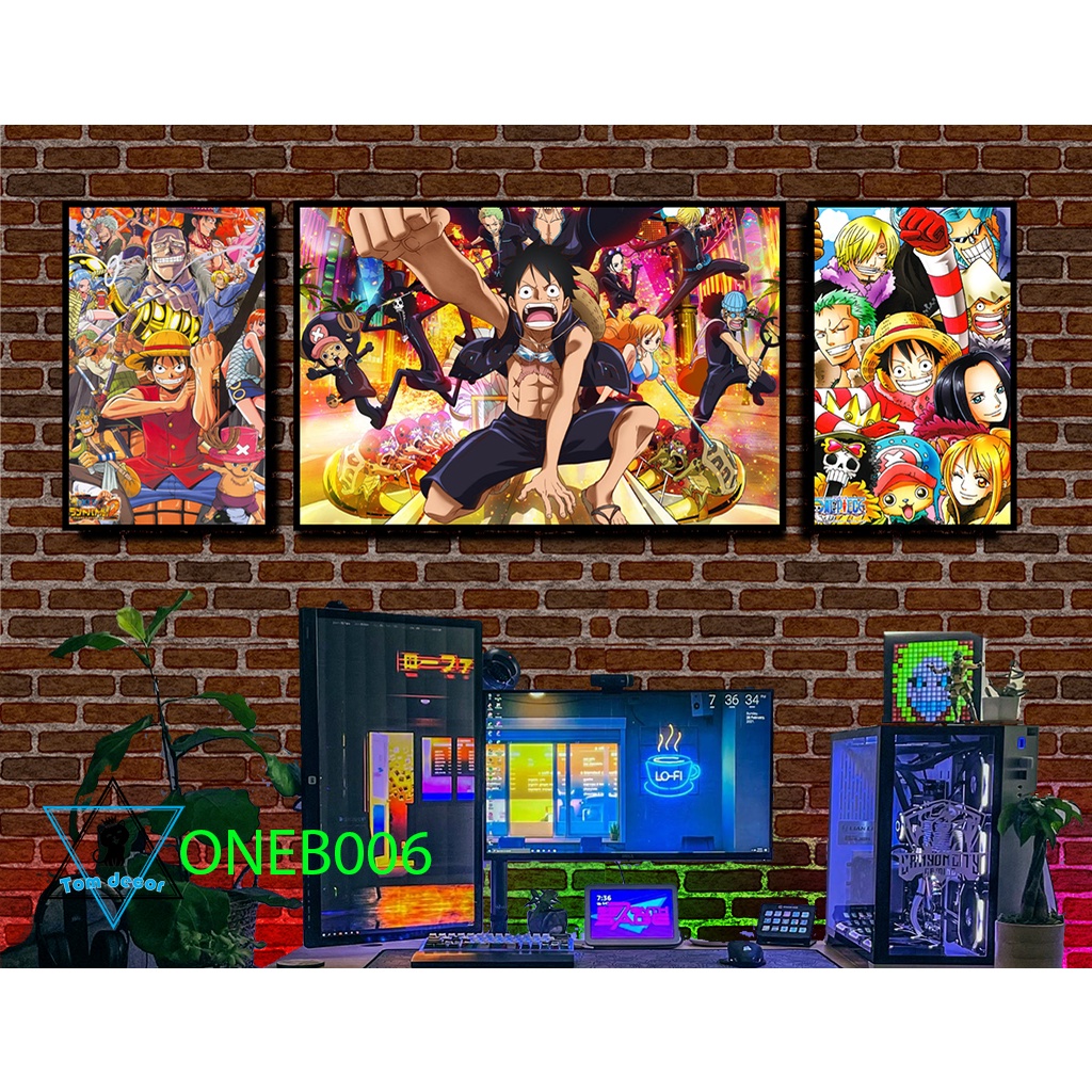 Bộ 3 tranh tráng gương cao cấp one piece zoro luffy law- tặng kèm đinh 3 chân treo tranh