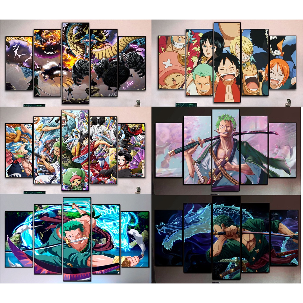 Tranh canvas khung composite bộ 5 bức onepiece - zoro - lufy -law-kaido - tặng kèm đinh 3 chân treo tranh