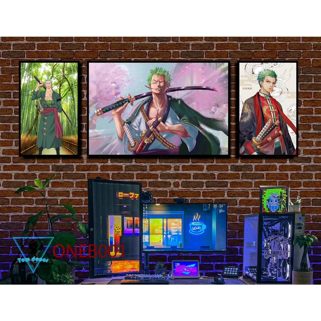 Bộ 3 tranh tráng gương cao cấp one piece zoro luffy law- tặng kèm đinh 3 chân treo tranh
