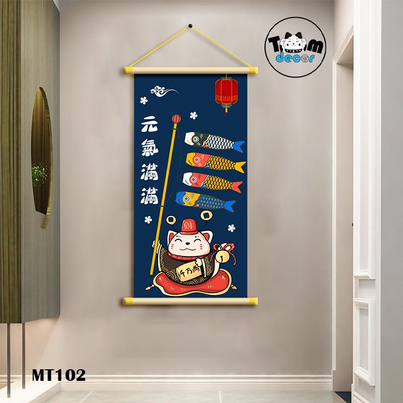 Tranh Mèo Thần Tài Thư Pháp Cuộn Cây Gỗ Vải Canvas Loại Tốt - MT102