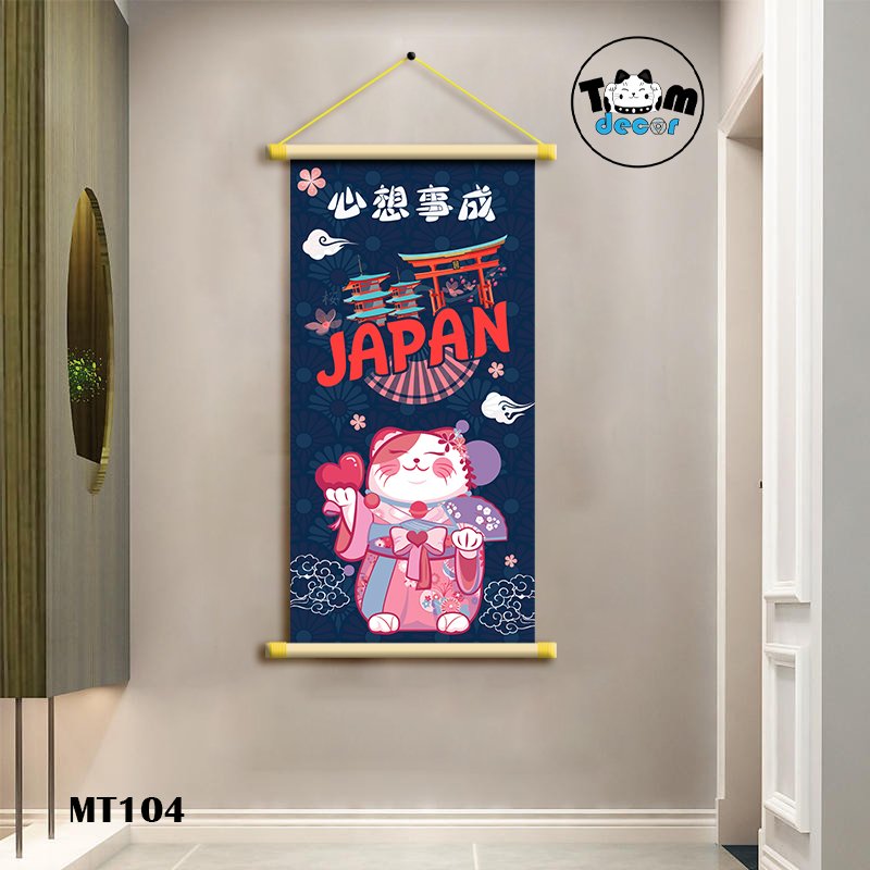 Tranh Mèo Thần Tài Thư Pháp Cuộn Cây Gỗ Vải Canvas Loại Tốt - MT104