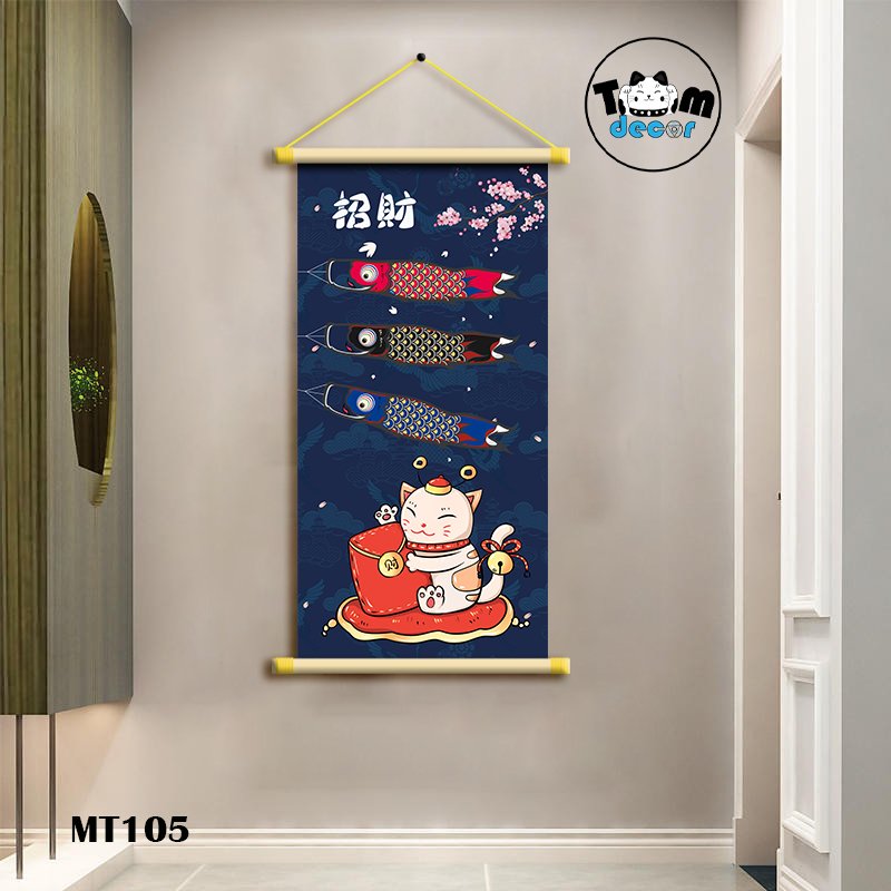 Tranh Mèo Thần Tài Thư Pháp Cuộn Cây Gỗ Vải Canvas Loại Tốt - MT105