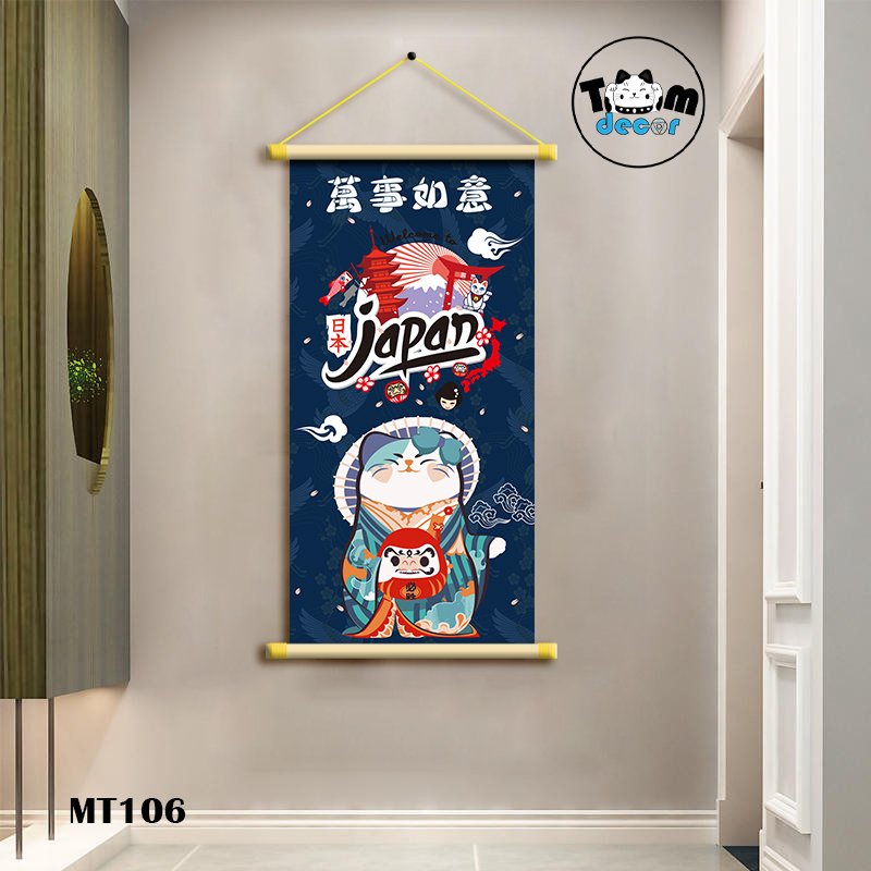 Tranh Mèo Thần Tài Thư Pháp Cuộn Cây Gỗ Vải Canvas Loại Tốt - MT106