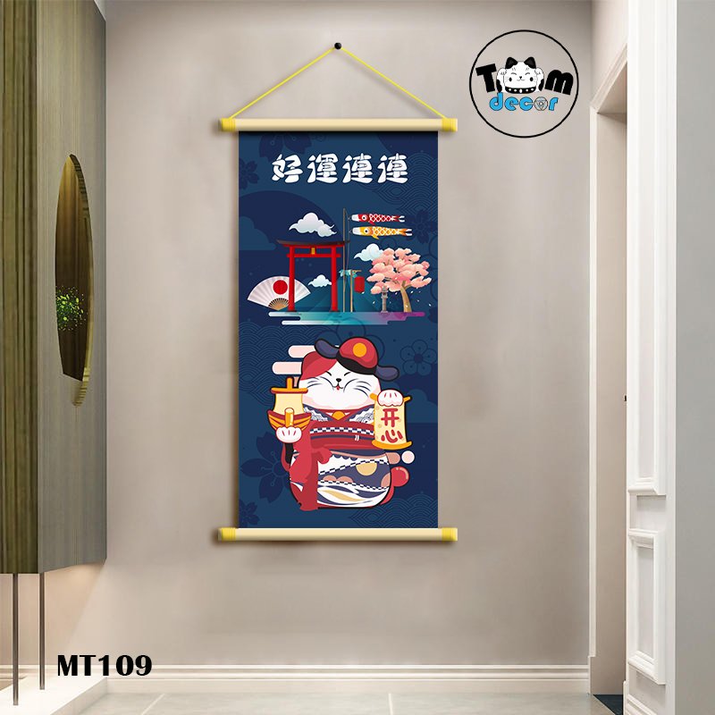 Tranh Mèo Thần Tài Thư Pháp Cuộn Cây Gỗ Vải Canvas Loại Tốt - MT109