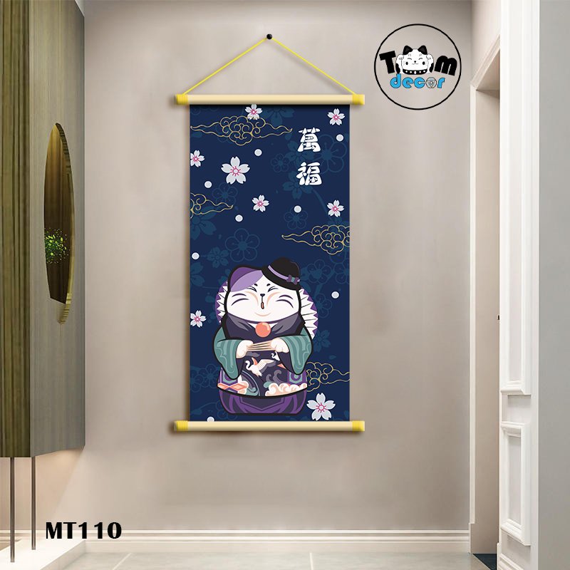 Tranh Mèo Thần Tài Thư Pháp Cuộn Cây Gỗ Vải Canvas Loại Tốt - MT110
