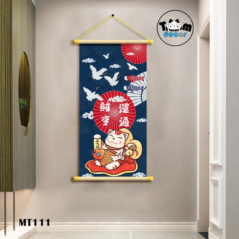 Tranh Mèo Thần Tài Thư Pháp Cuộn Cây Gỗ Vải Canvas Loại Tốt - MT111
