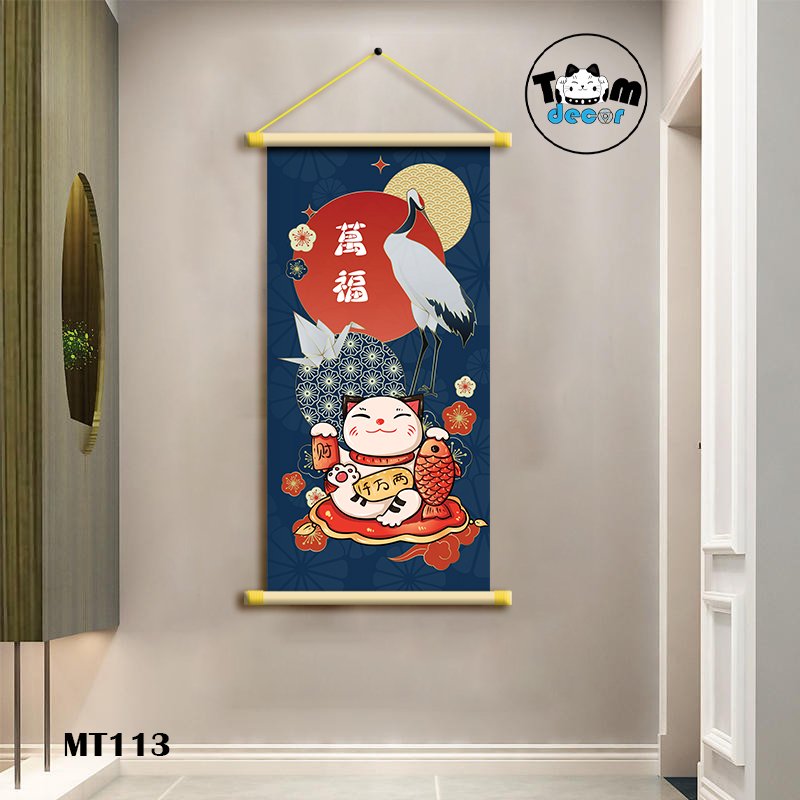 Tranh Mèo Thần Tài Thư Pháp Cuộn Cây Gỗ Vải Canvas Loại Tốt - MT113