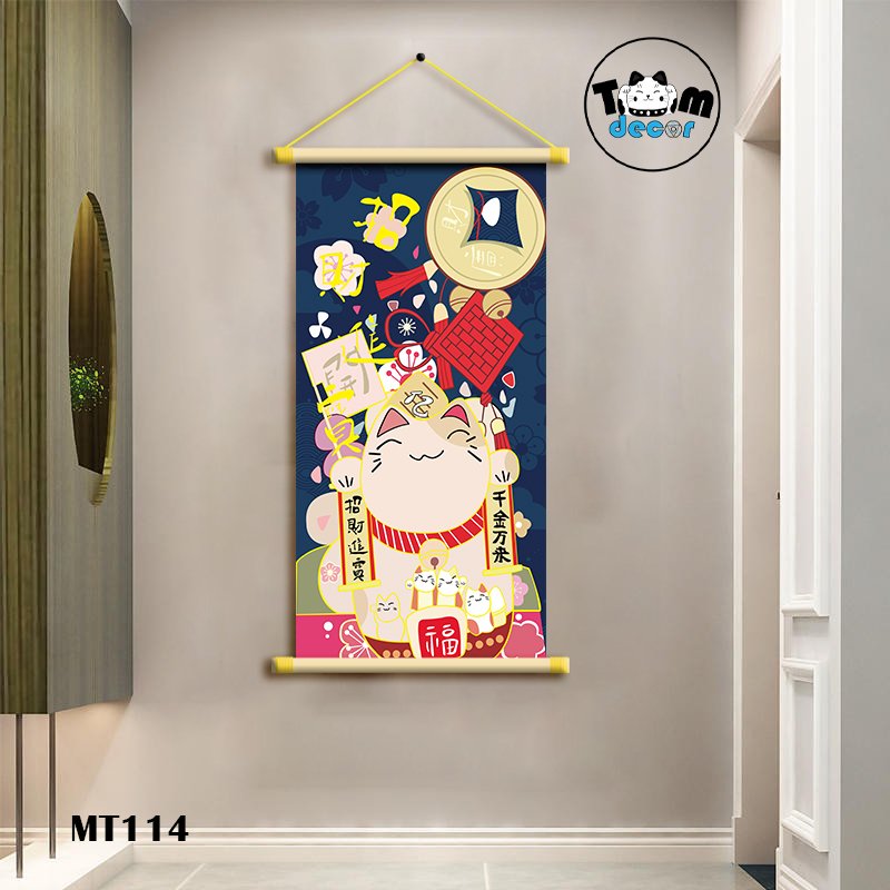 Tranh Mèo Thần Tài Thư Pháp Cuộn Cây Gỗ Vải Canvas Loại Tốt - MT114