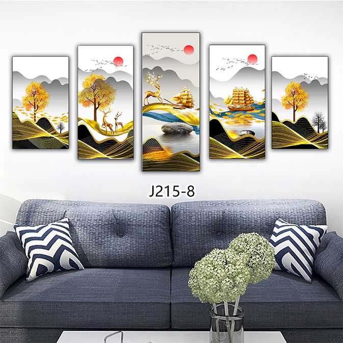 Bộ 5 tranh gỗ tráng gương hoặc tranh canvas hiện đại có khung decor đẹp