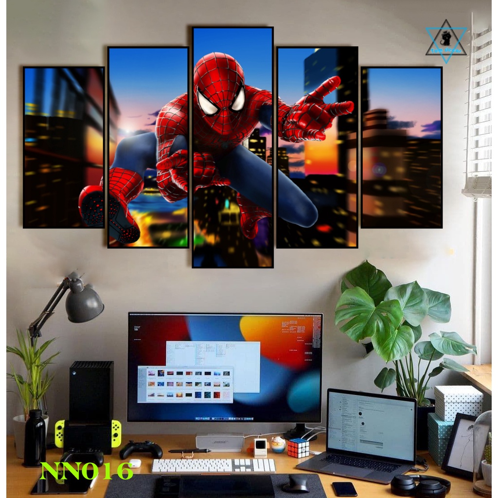 Tranh canvas người nhện có khung treo tường 5 bức ghép