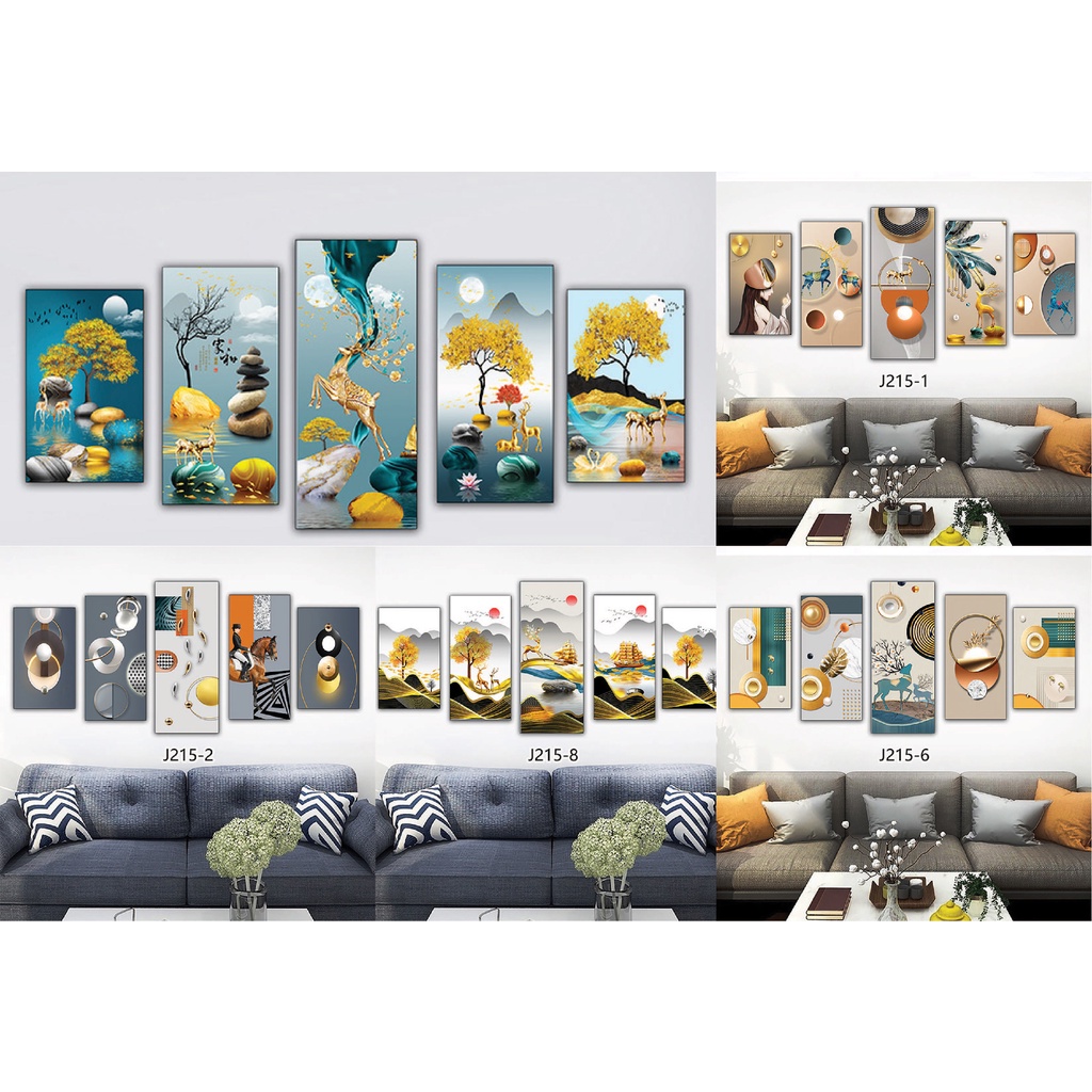 Bộ 5 tranh gỗ tráng gương hoặc tranh canvas hiện đại có khung decor đẹp