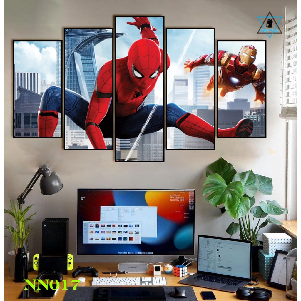 Tranh canvas người nhện có khung treo tường 5 bức ghép