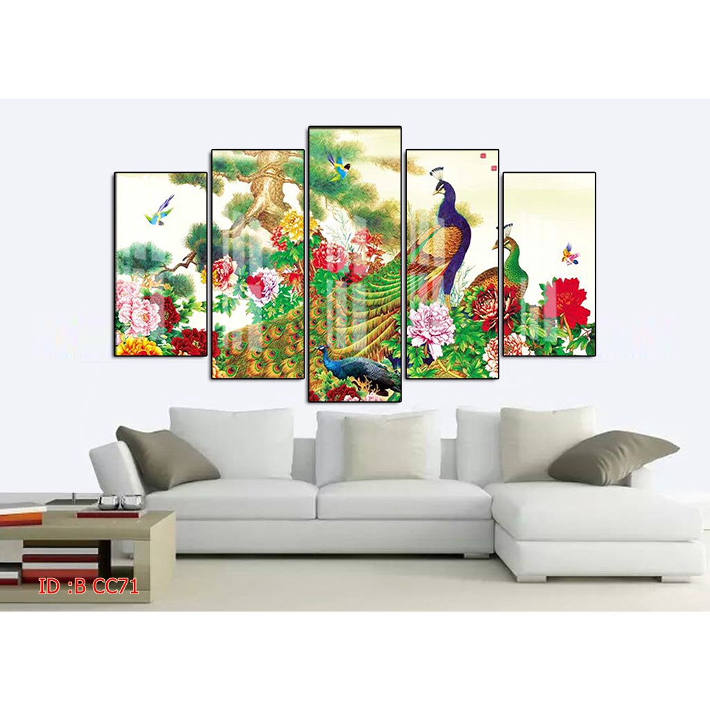 Tranh gỗ tráng gương khung bo góc cao cấp chim công size lớn