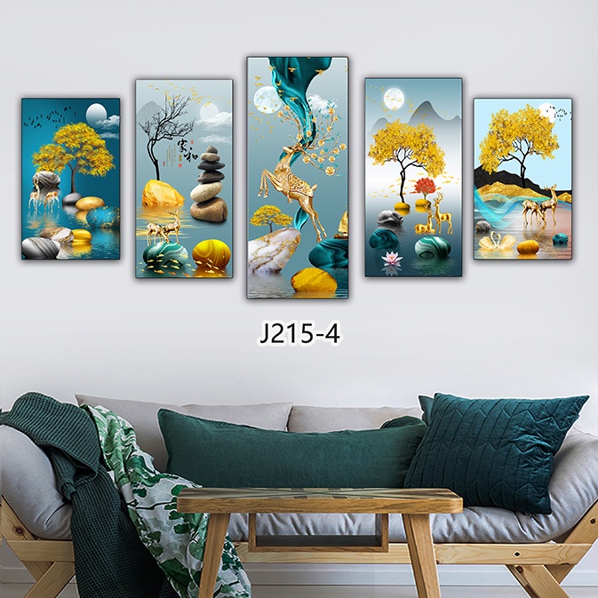 Bộ 5 tranh gỗ tráng gương hoặc tranh canvas hiện đại có khung decor đẹp