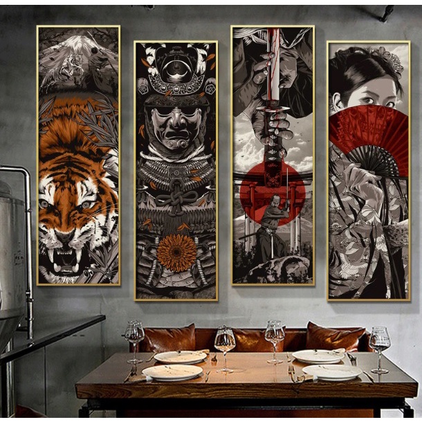 Bộ 4 tranh canvas size cực lớn sammurai cổ nhật trang trí tiệm tatto cà phê nhà hàng...