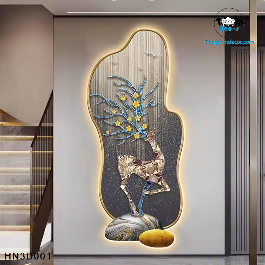 Tranh 3D Hưu Nai Tranh Tráng Gương Đèn Led Có Remot Điều Khiển - HN3D001