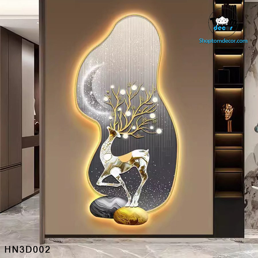 Tranh 3D Hưu Nai Tranh Tráng Gương Đèn Led Có Remot Điều Khiển - HN3D002