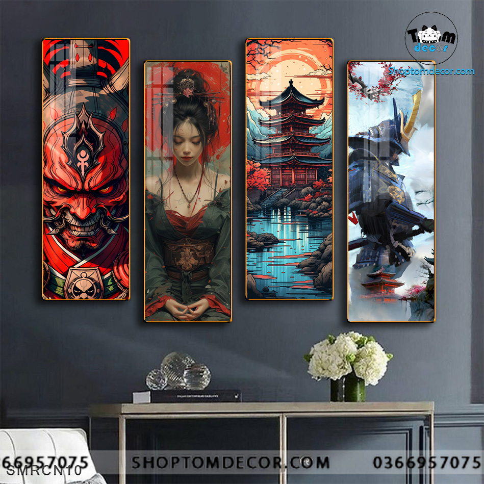 Bộ 4 Tranh Tráng Gương Sammurai Nhật Bản Decor Tiệm Tato Nhà Hàng Tiệm Cổ - SMRCN10