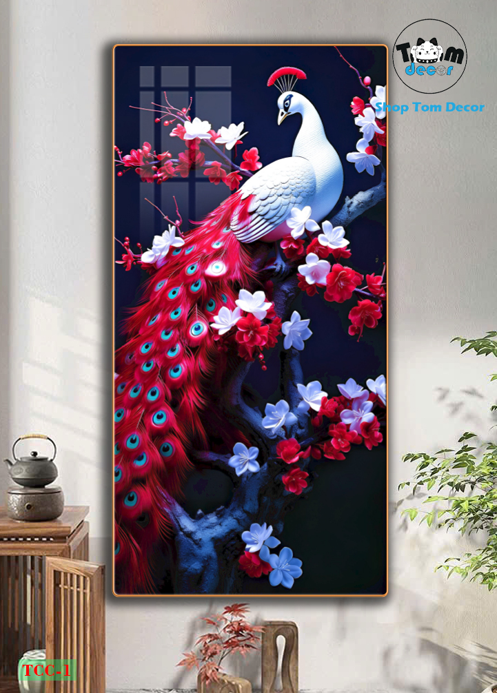 Tranh chim công tráng gương cao cấp - tranh phong thủy mẫu TCC-1