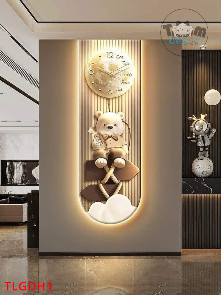 Tranh Đồng Hồ Gấu Tráng Gương Treo Tường Led Có Remot Điều Khiển - TLGDH1