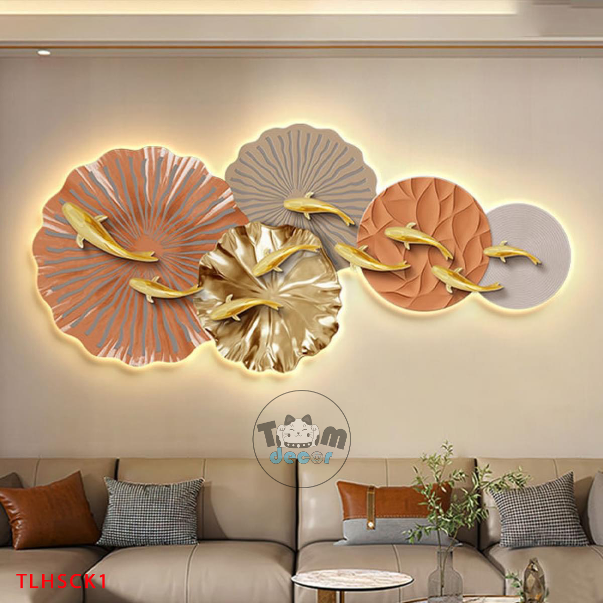 Tranh Led 3D Liên Ngư Hội Tụ Lá Sen Trừu Tượng Tráng Gương - Có Remot Điều Khiển Từ Xa TLHSCK1