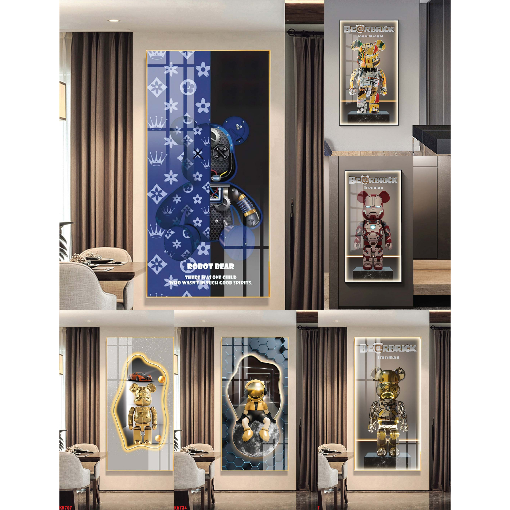 Tranh tráng gương lớn 130x60cm gấu KAWS bearick loại cao cấp - chính hãng tráng gương