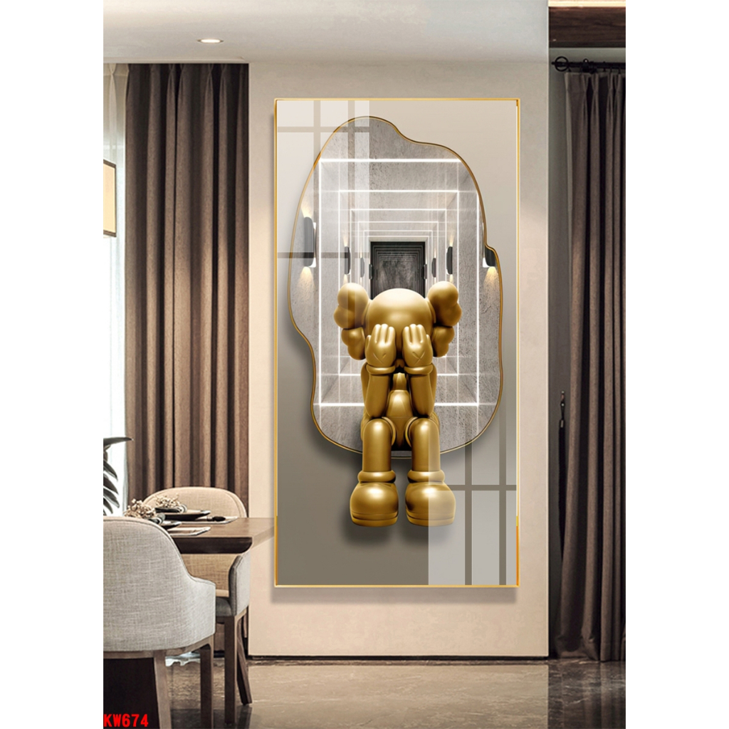 Tranh tráng gương lớn 130x60cm gấu KAWS bearick loại cao cấp - chính hãng tráng gương